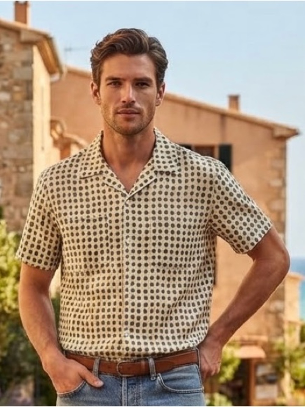 House of Aama Blue Polka Dot Men's Casual Shirt Sz L